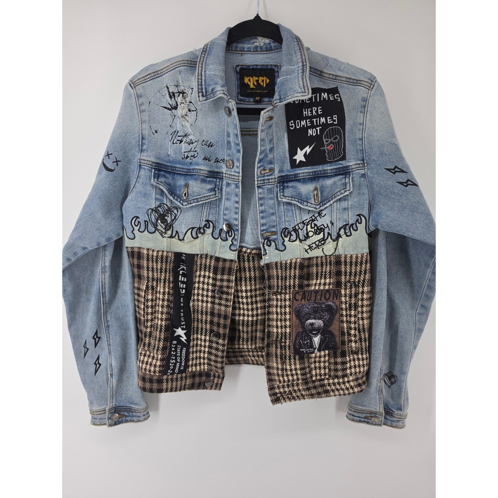 KLEEP Mens Denim Jacket Light Wash Plaid Patchwork Graphic Streetwear Medium